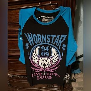 Mens large multicolor Wornstar “live life loud” long sleeve 3/4 sleeve t-shirt!